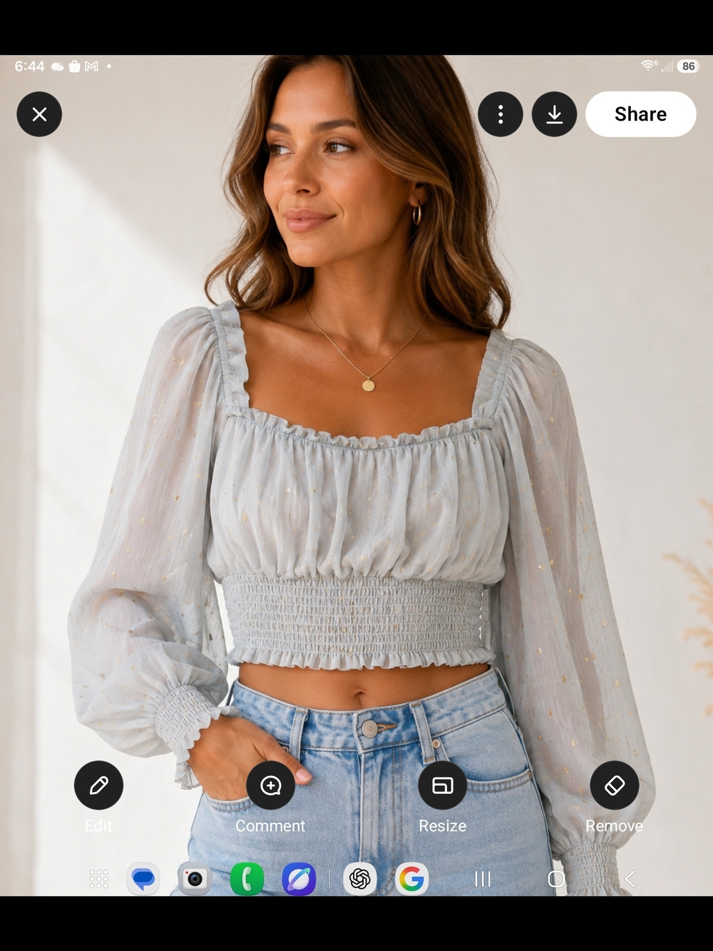 Sheer Light Blue Smocked Square-Neck Crop Top